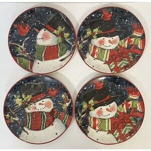 NWT International Christmas Lodge Snowman Salad/Dessert Plates Set of 4